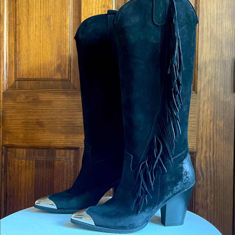 FREE PEOPLE Black Suede Boots Fringe Western Festival Silver Toe Tips Caps 40 10 - Picture 4 of 12